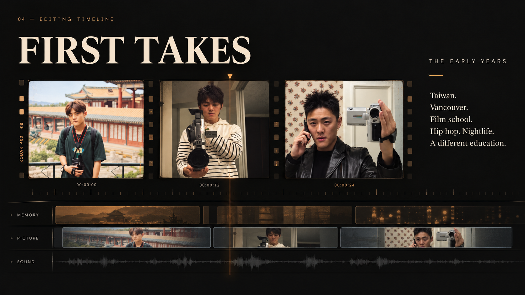 First Takes. The Early Years: Taiwan, Vancouver, film school, hip hop, nightlife — a different education. Three archival portraits presented as a cinematic editing timeline with film perforations, timecodes, an amber playhead, Memory and Picture strips, and a Sound waveform.