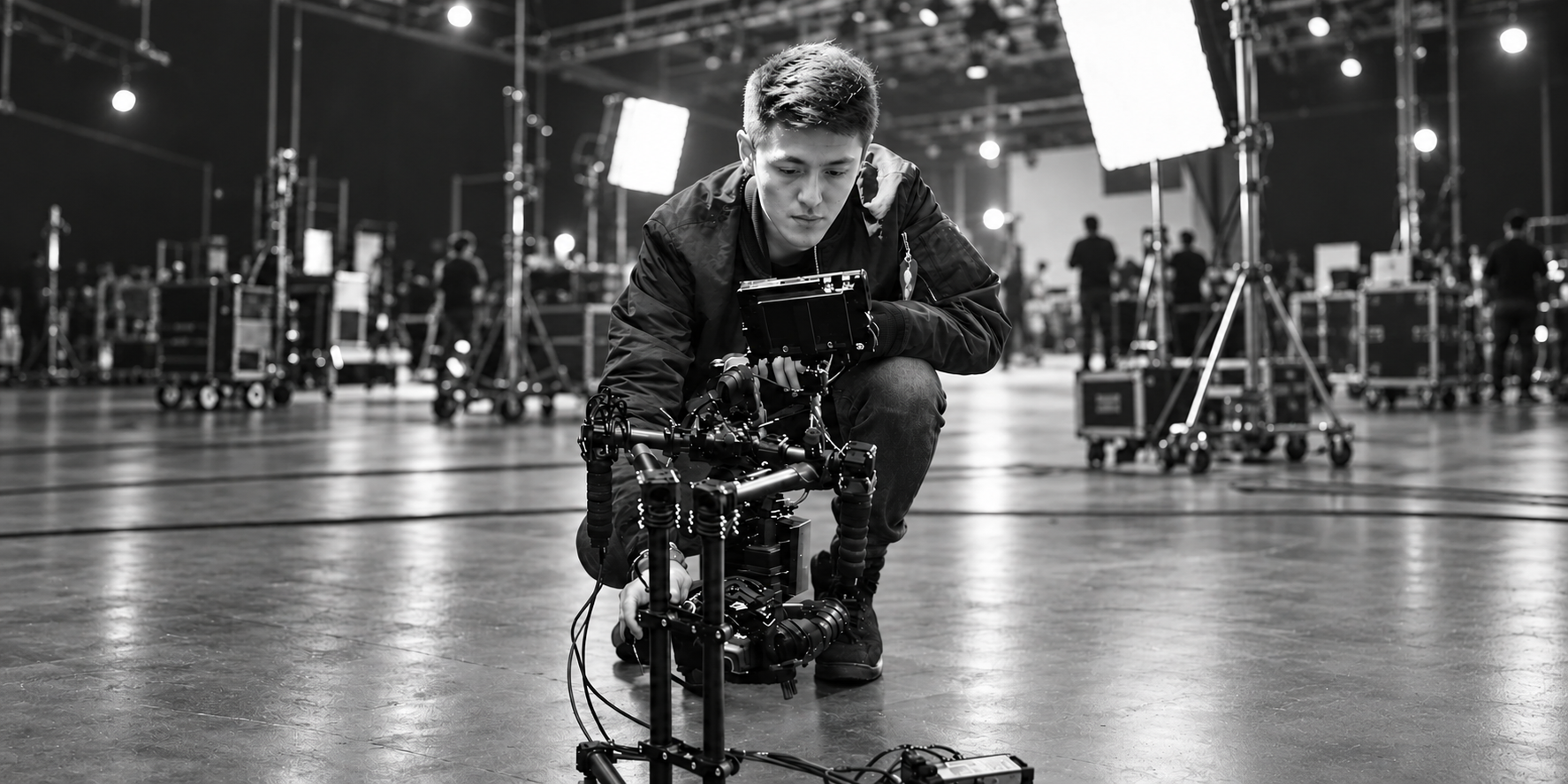 Stanley Yang kneeling beside a cinema camera on a film set