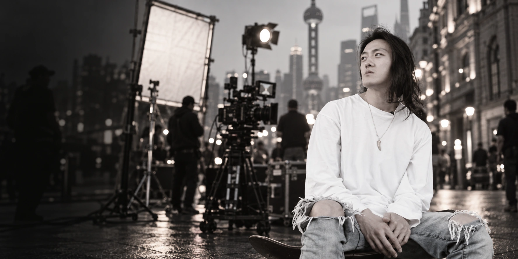 Stanley Yang behind the scenes on a Shanghai street shoot