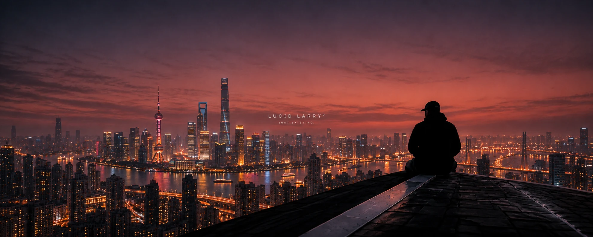 A mysterious silhouette overlooking an Asian megacity skyline