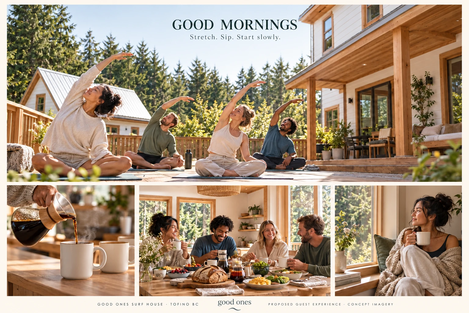 GOOD ONES SURF HOUSE — GOOD MORNINGS / stretch, coffee and shared breakfast