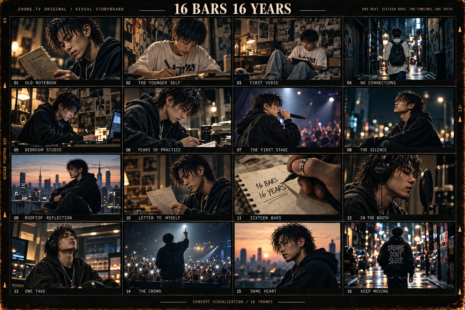 16 Bars 16 Years — 16-panel visual storyboard with the lead character matched to the show poster
