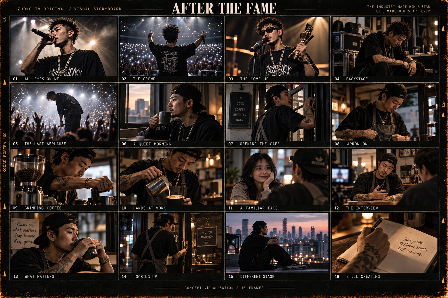After the Fame — 16-panel visual storyboard with the lead character matched to the show poster