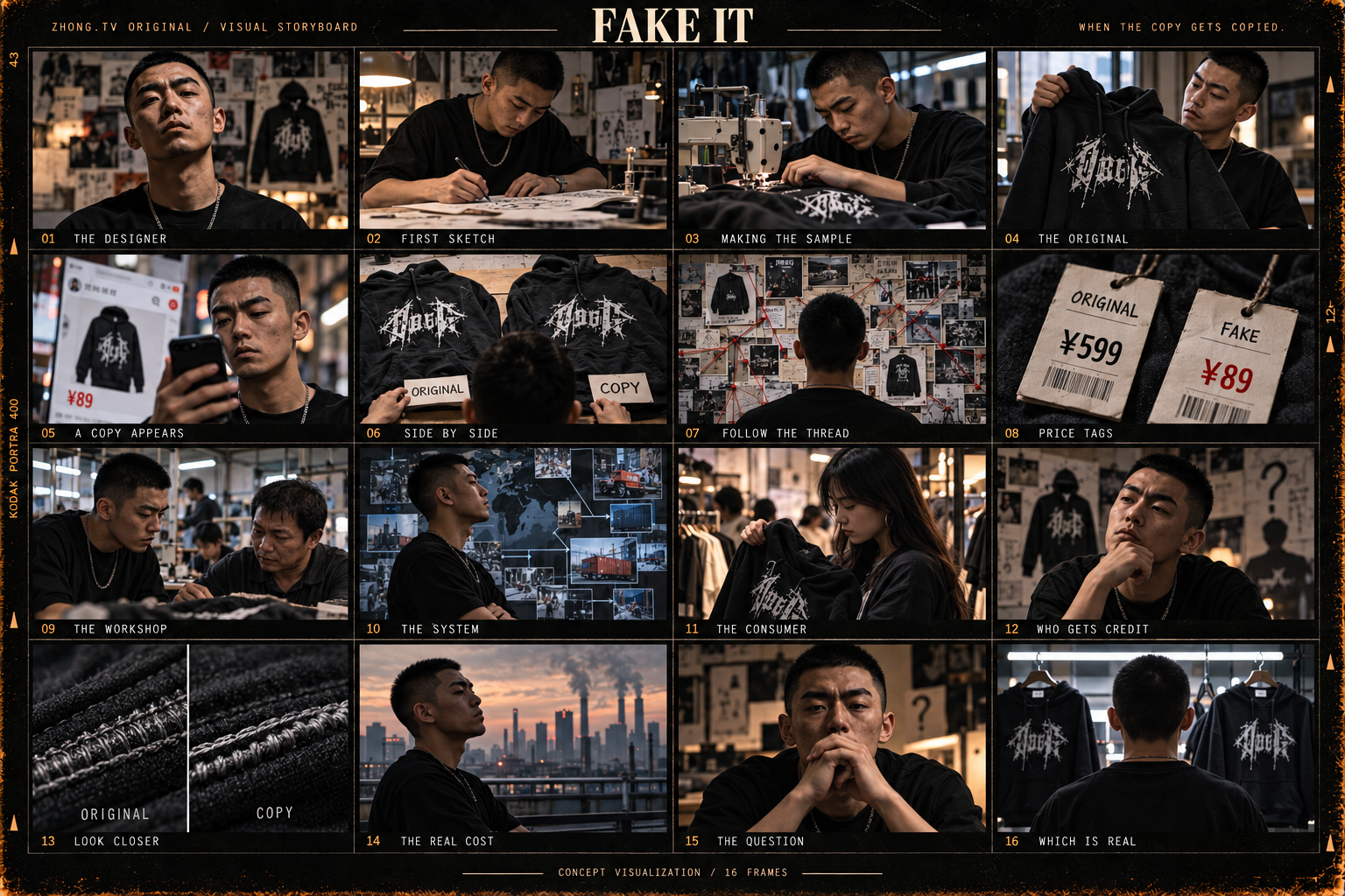 Fake It — 16-panel visual storyboard with the lead character matched to the show poster