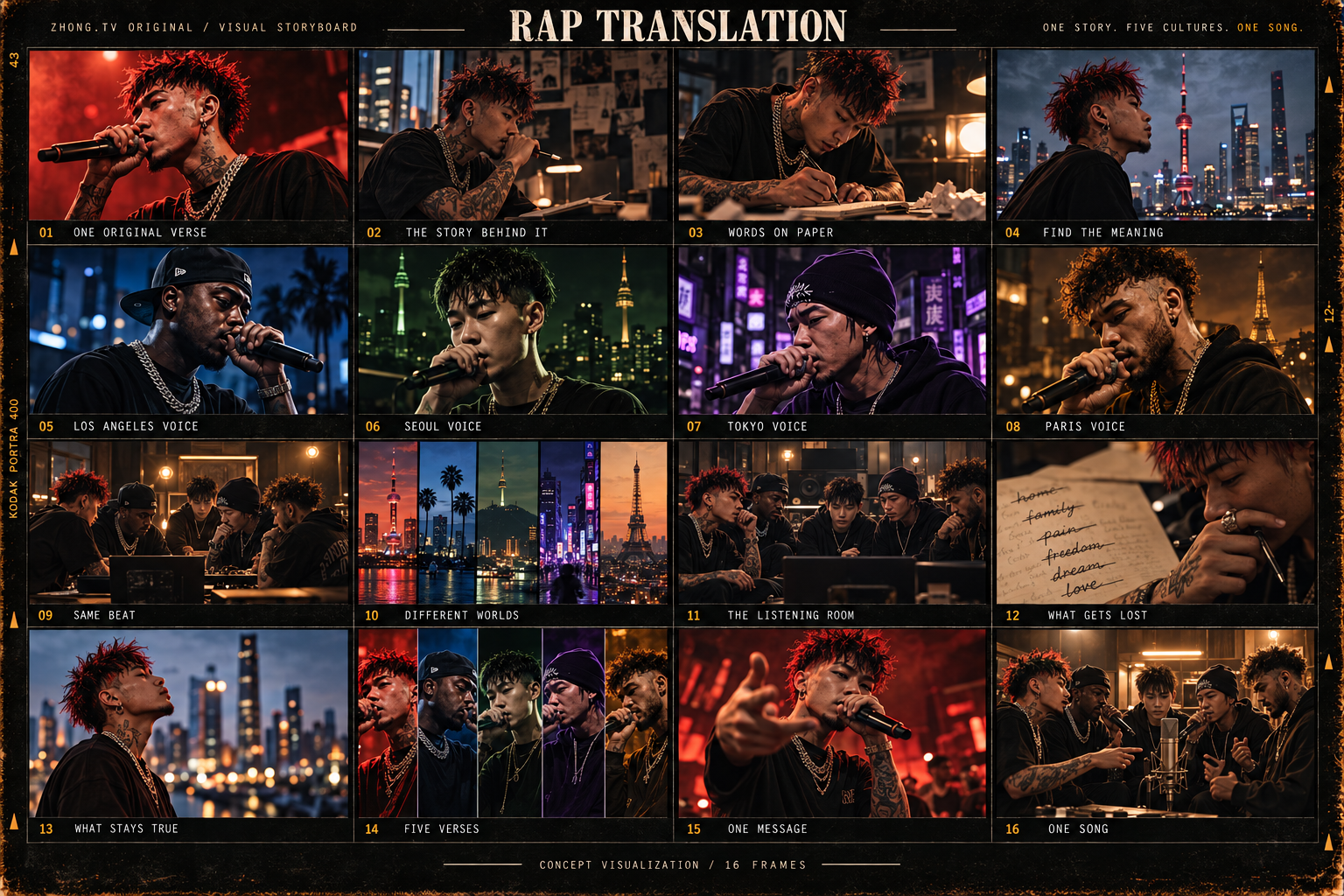 Rap Translation — 16-panel visual storyboard with the lead character matched to the show poster