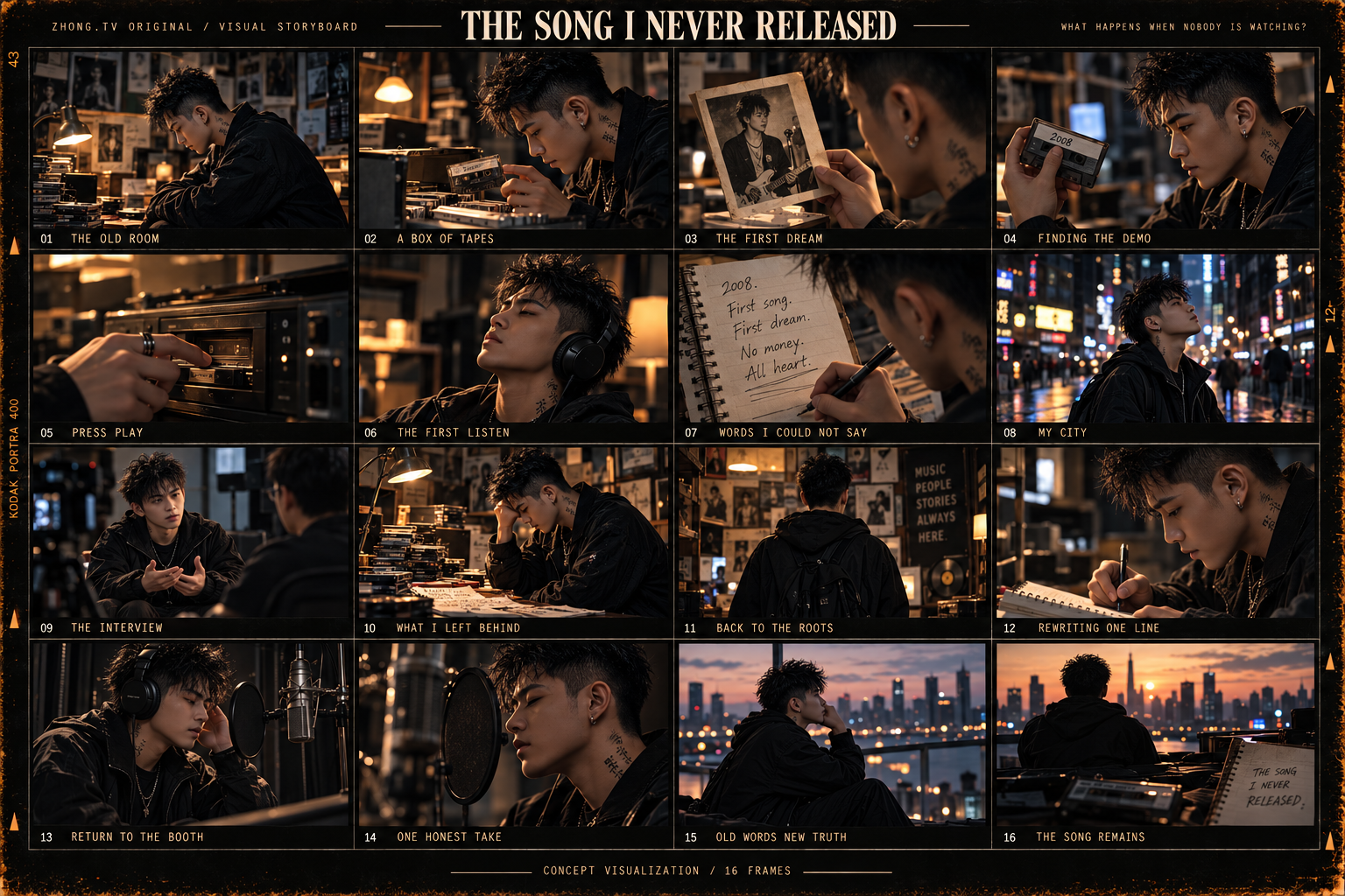 The Song I Never Released — 16-panel visual storyboard with the lead character matched to the show poster