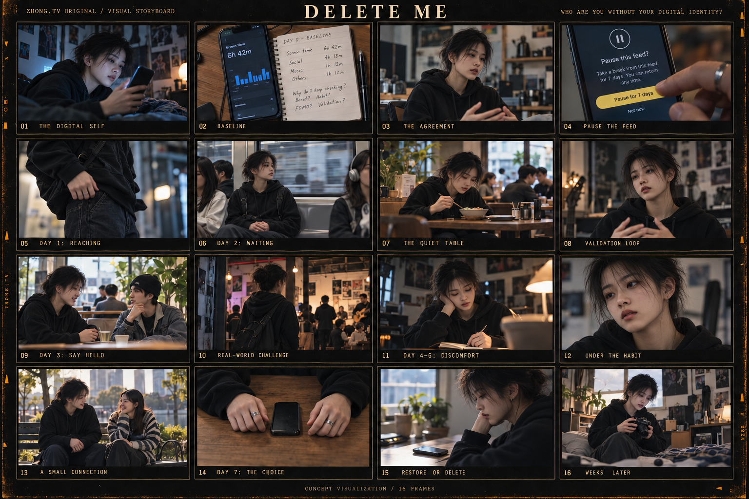 Delete Me — 16-panel visual storyboard with the lead character matched to the show poster