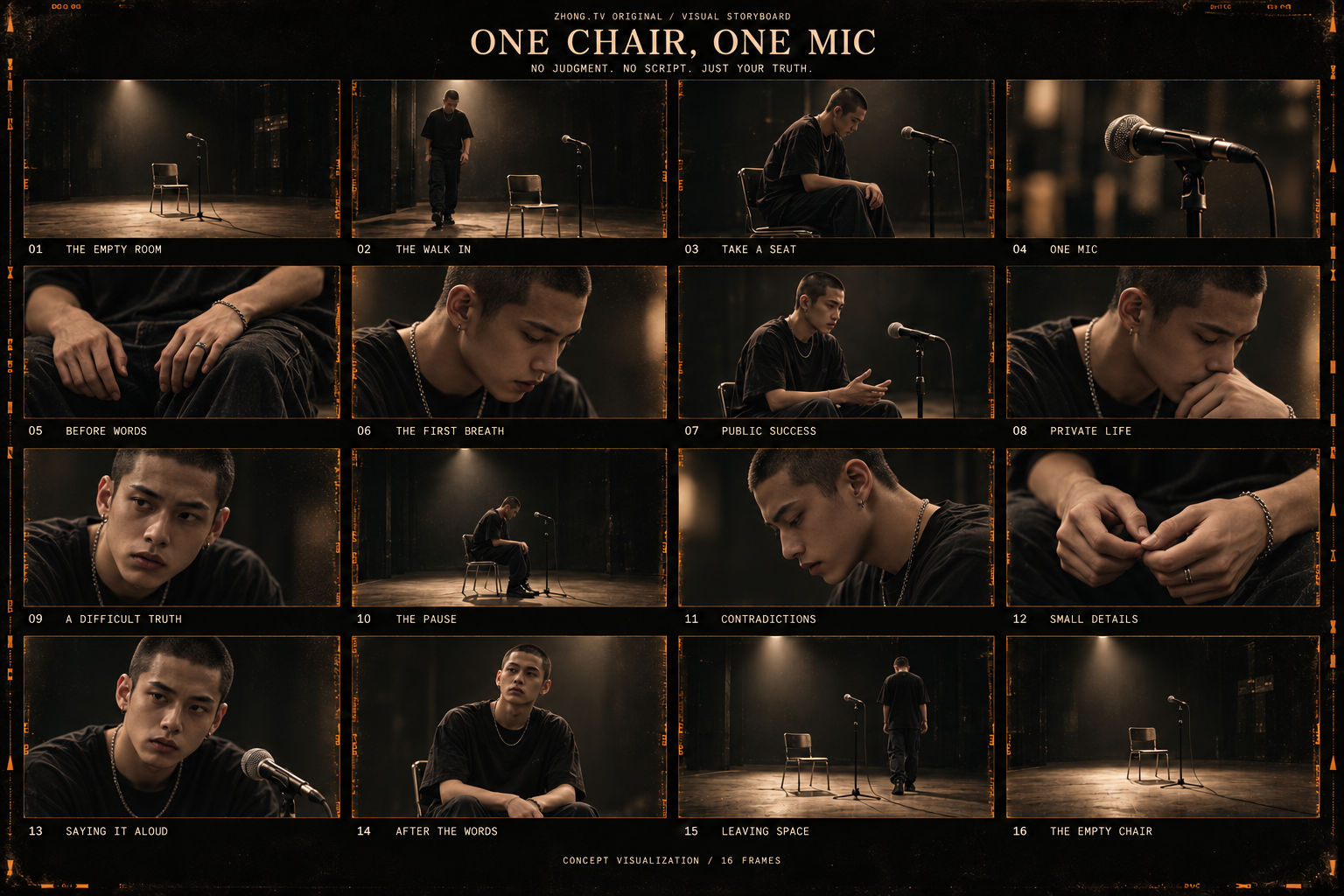 One Chair, One Mic — 16-panel visual storyboard with the lead character matched to the show poster