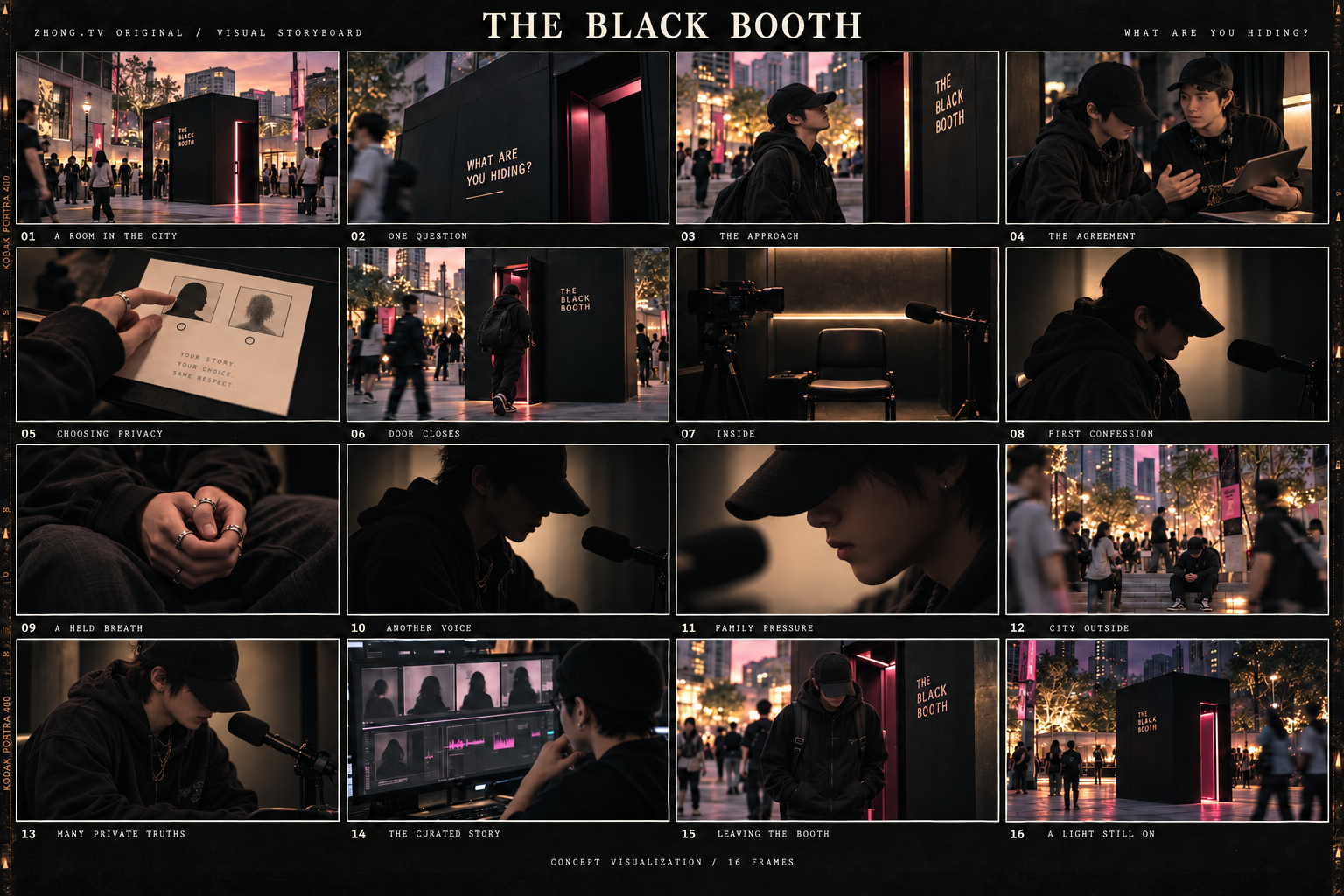 The Black Booth — 16-panel visual storyboard with the lead character matched to the show poster