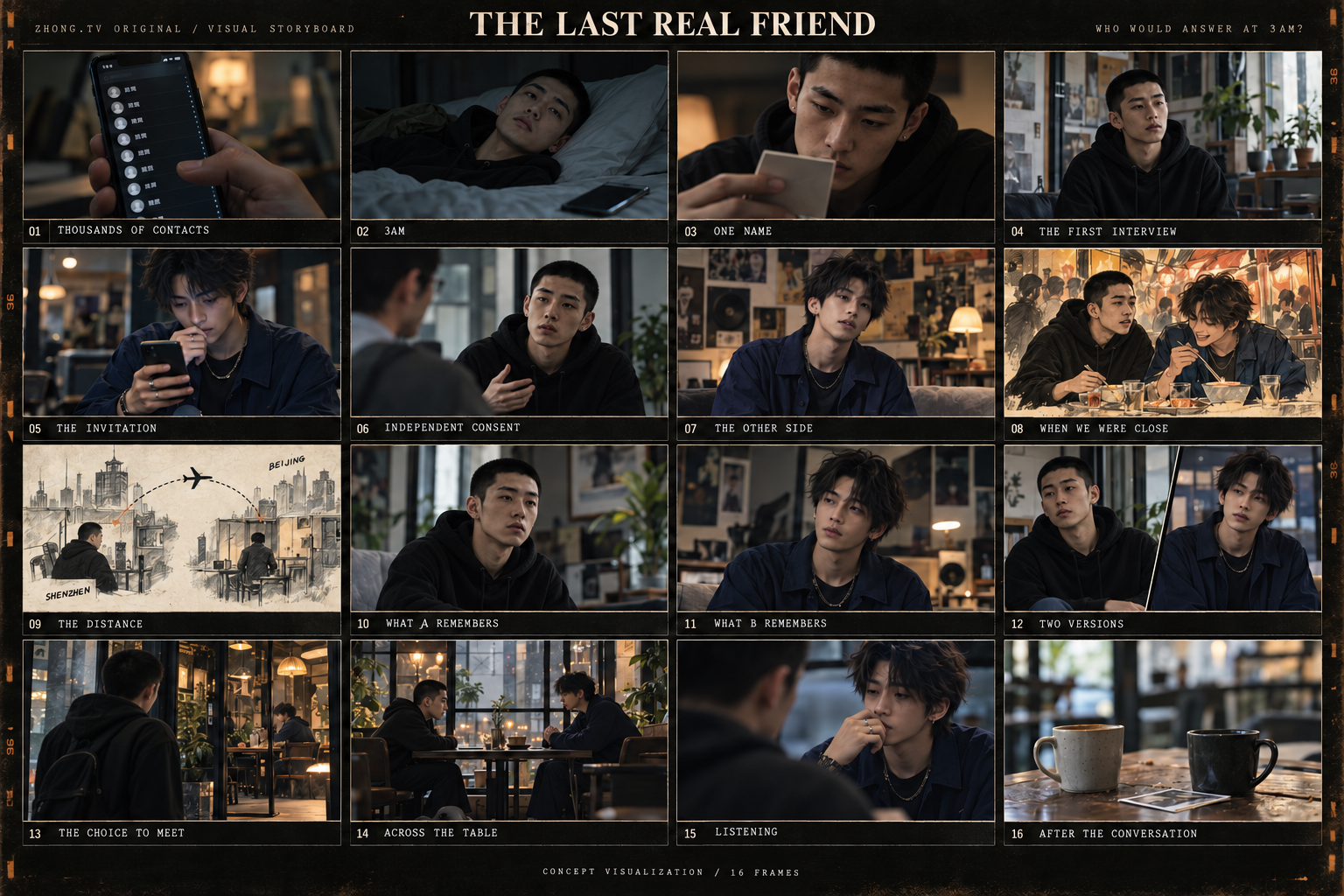 The Last Real Friend — 16-panel visual storyboard with the lead character matched to the show poster
