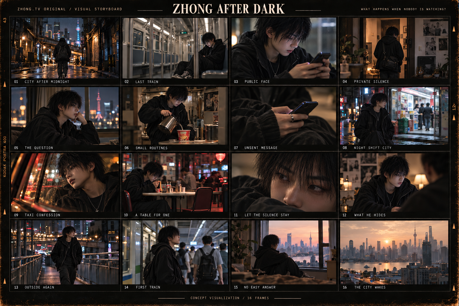 After Dark — 16-panel visual storyboard with the lead character matched to the show poster