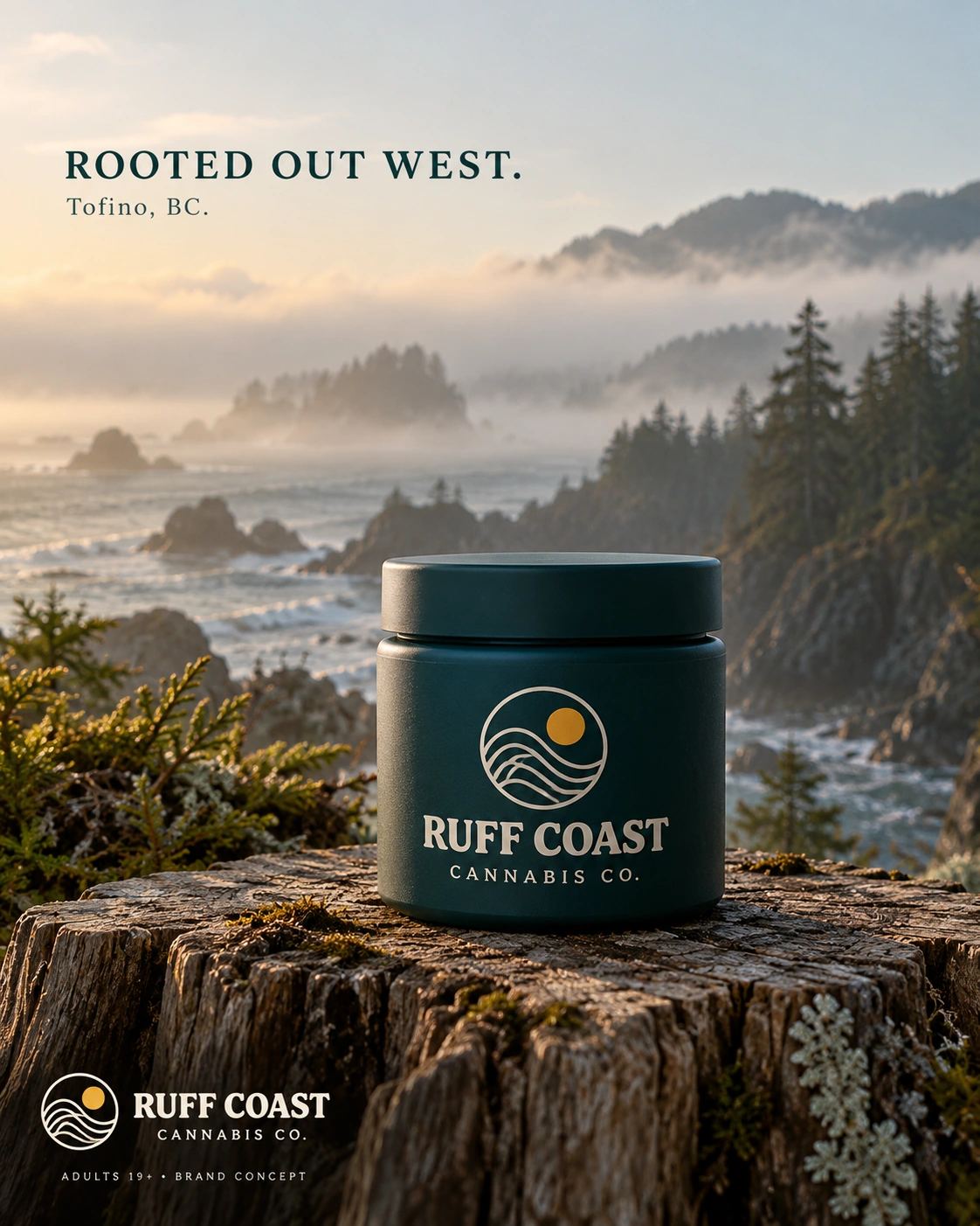 RUFF COAST — Teal jar on a cedar stump