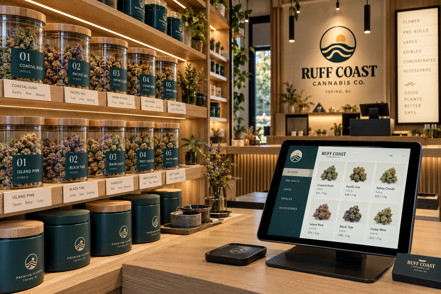 RUFF COAST — Oak shelving, packaging display and digital menu