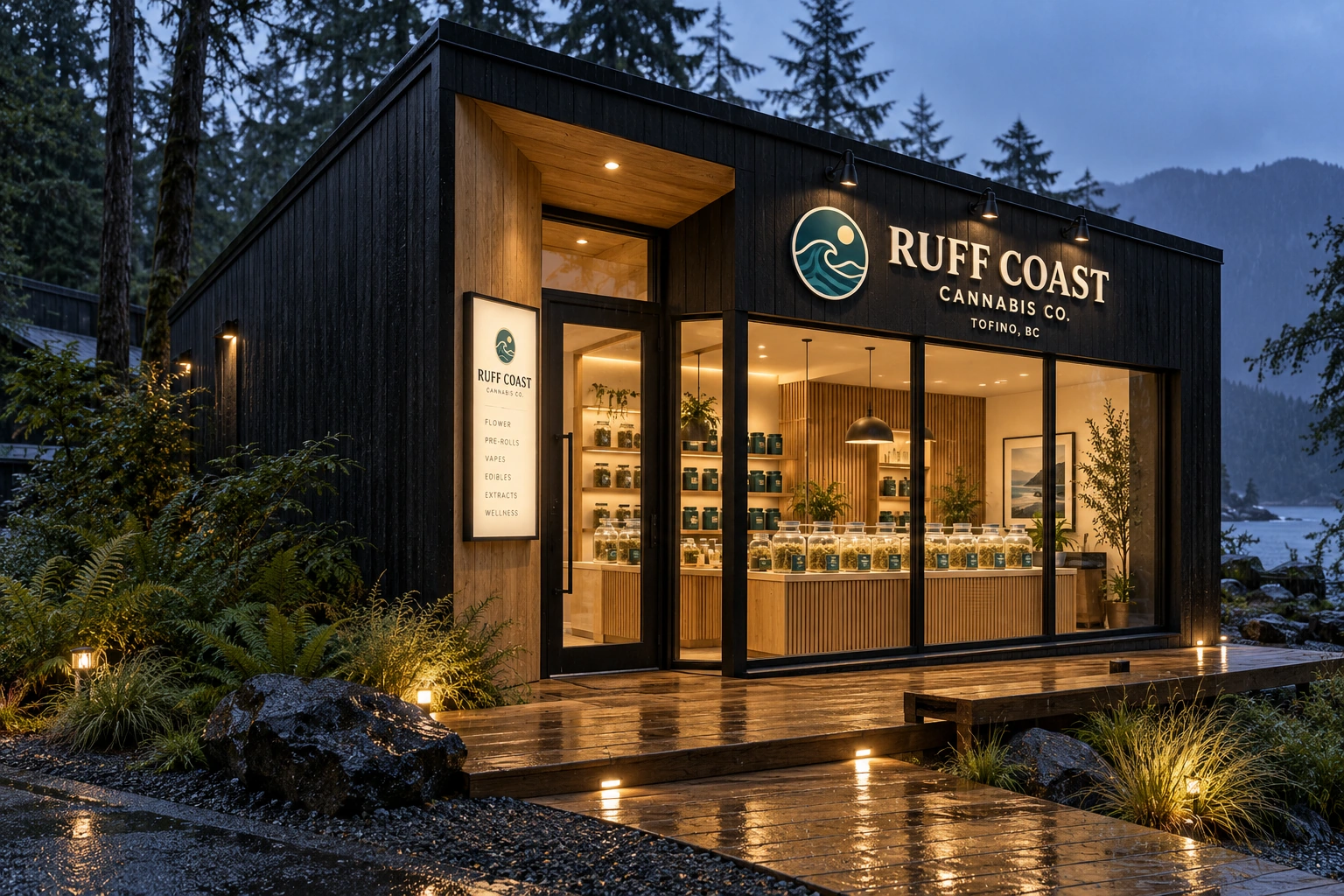 RUFF COAST — Rainy blue-hour storefront
