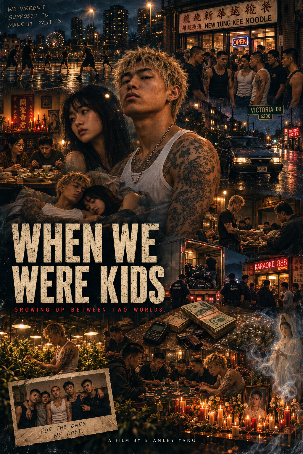 Kai looking forward amid basketball, the noodle shop, rainy streets and a memorial