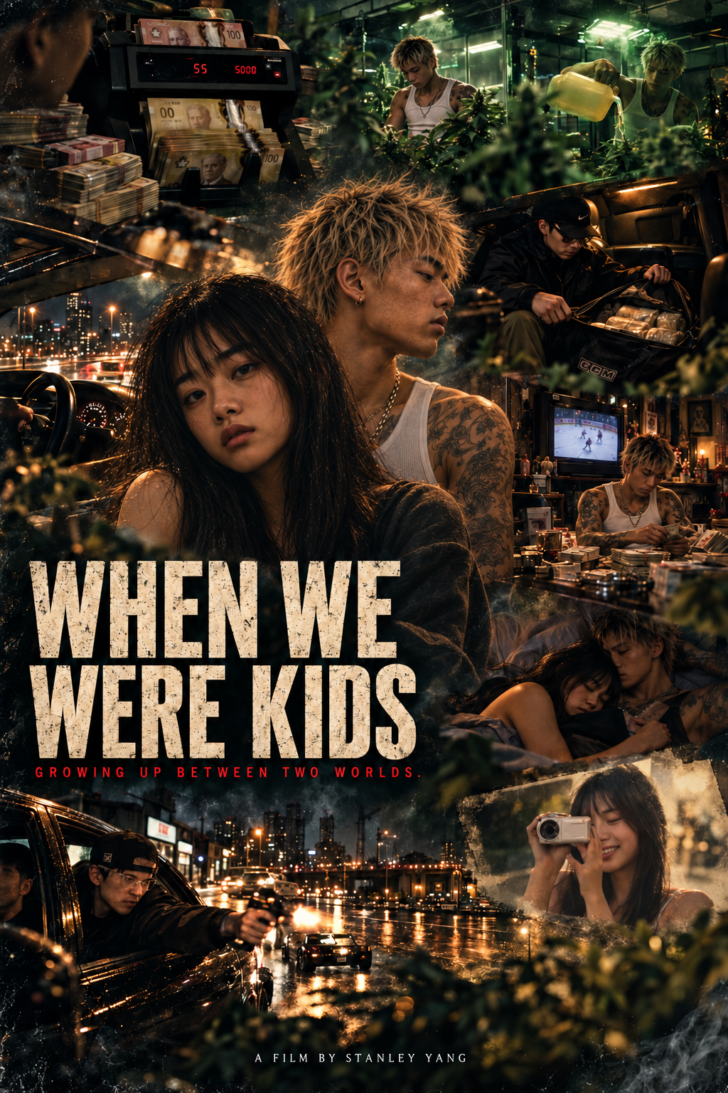 Nina and Kai surrounded by a grow room, money, a night drive and camcorder memories