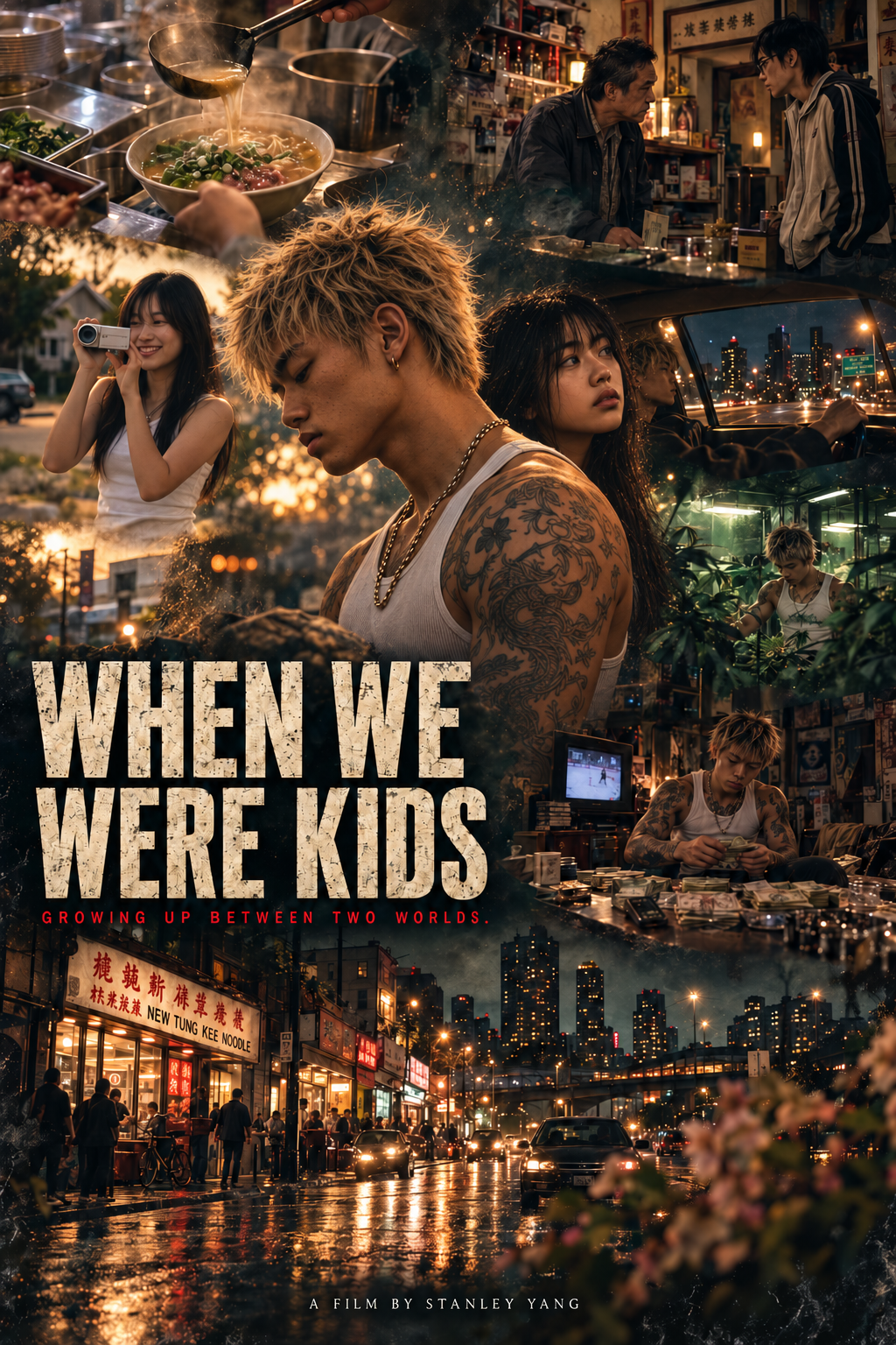 Kai in profile surrounded by the noodle shop, Nina filming and grow-room memories