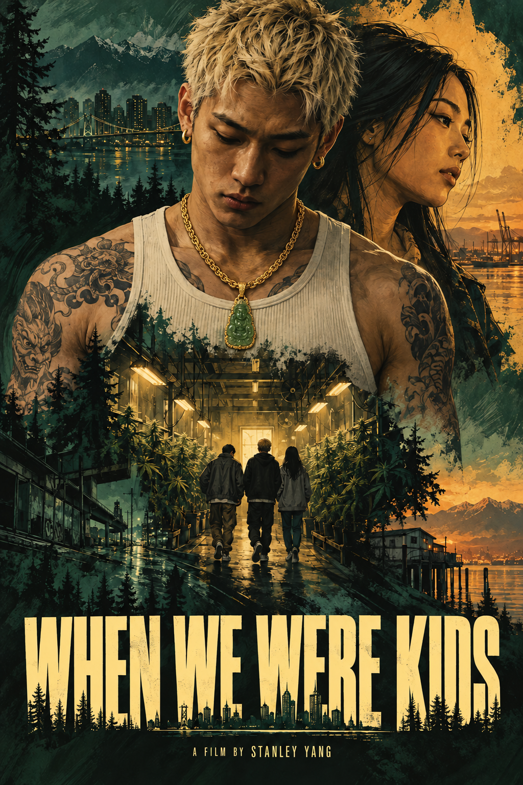 Kai and Nina above a grow room, Vancouver harbour and mountains, with gold title lettering