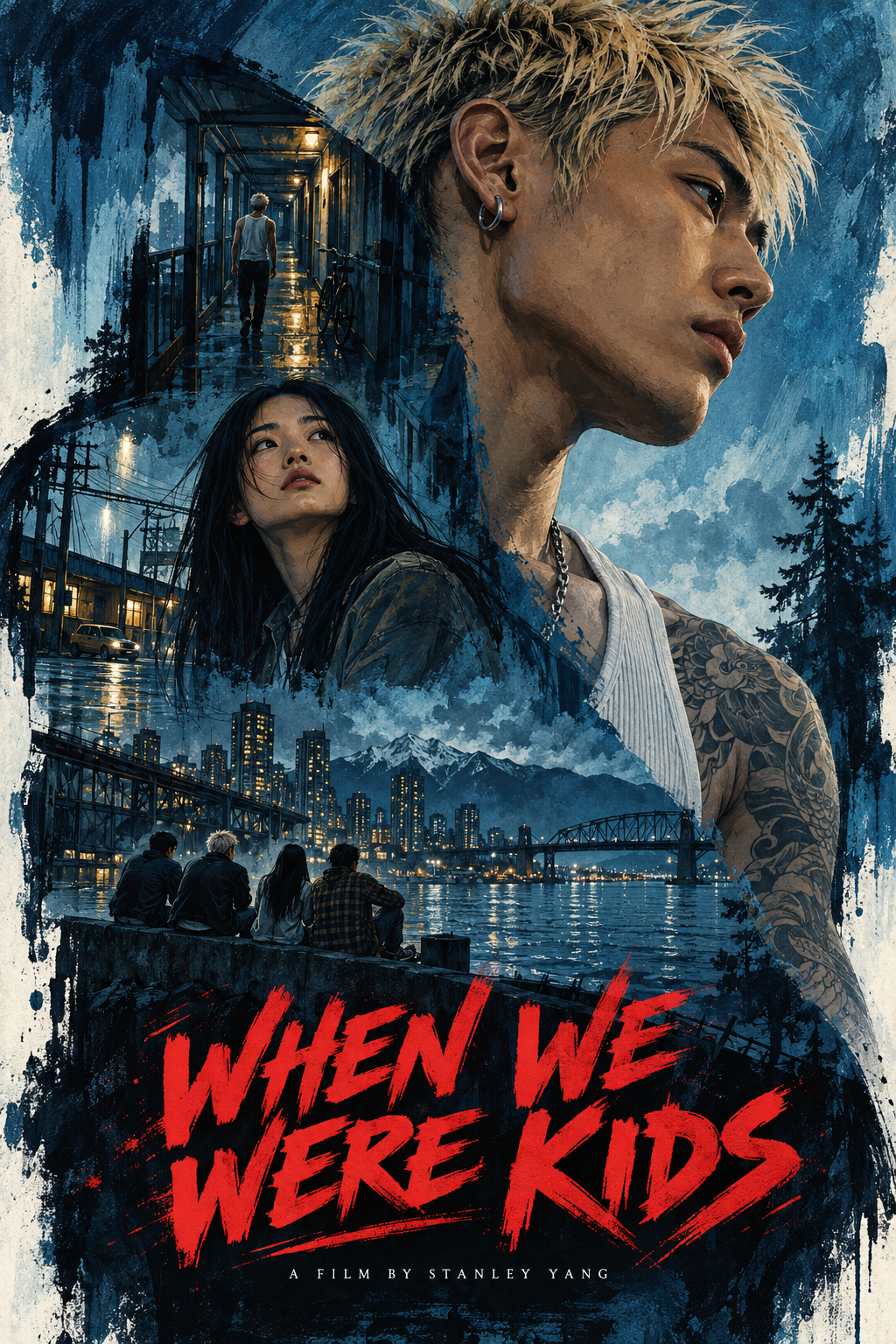 Blue painted collage of Kai, Nina and friends overlooking rainy Vancouver, with red brush lettering