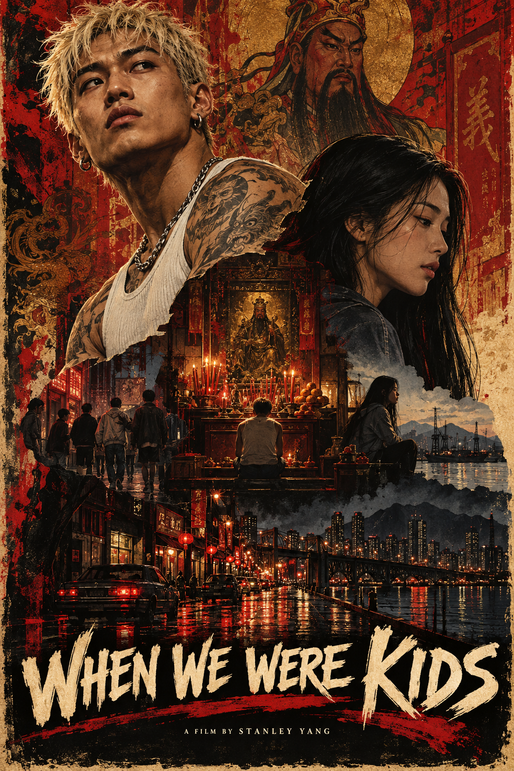 Red and gold collage of Kai, Nina, Guan Yu shrine and rainy Chinatown