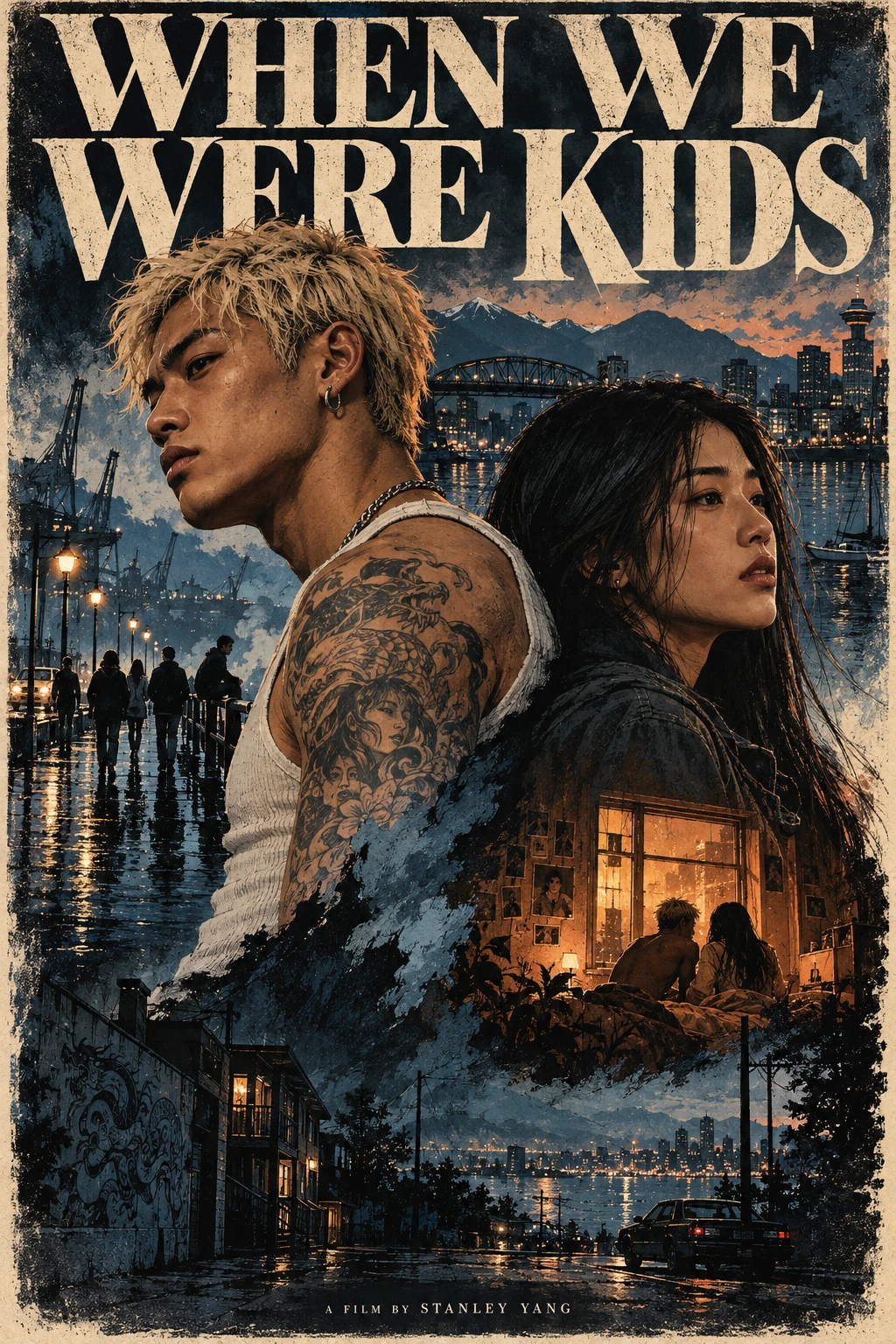 Kai and Nina back to back with Vancouver night scenes, cream serif title and painted textures